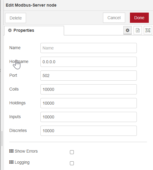 Modbus Server Konfiguration